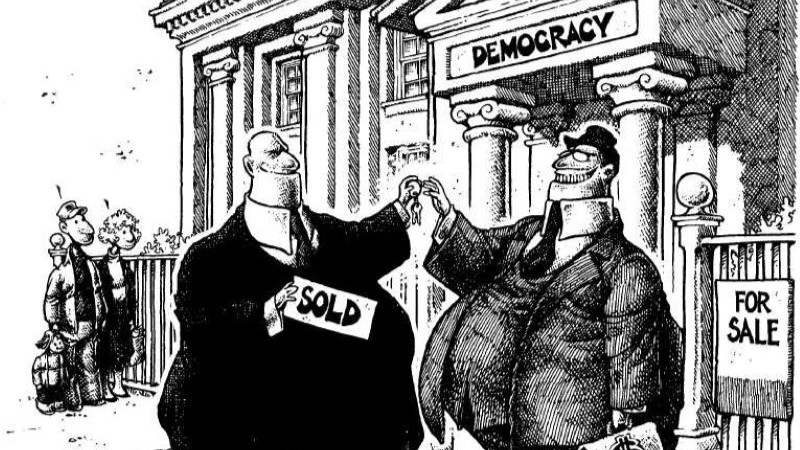 Political/Editorial Cartoon by Ben Sargent, Austin American-Statesman on Capitalism Defeats Democracy.